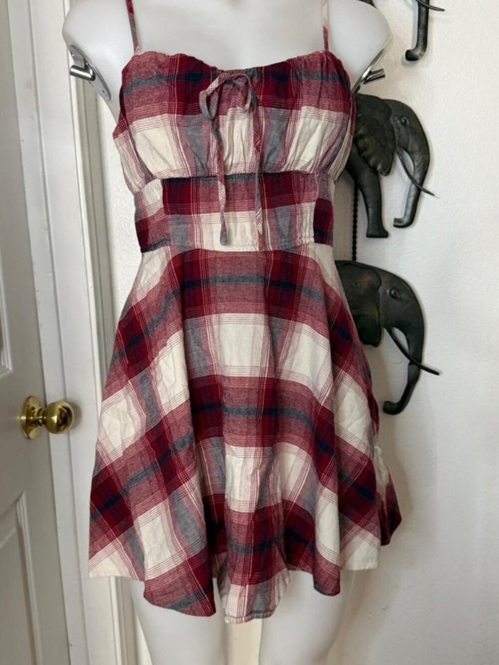 Red Cream Plaid Spaghetti Strap Mini Dress Front Tie